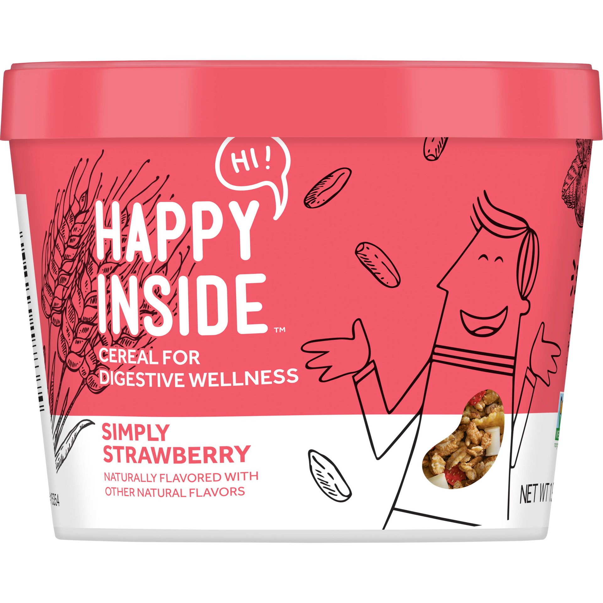 slide 3 of 5, HI! Happy Inside, Breakfast Cereal, Simply Strawberry, with Prebiotics, Probiotics and Fiber for Digestive Wellness, Non-GMO, 1.94oz Cup, 1.94 oz