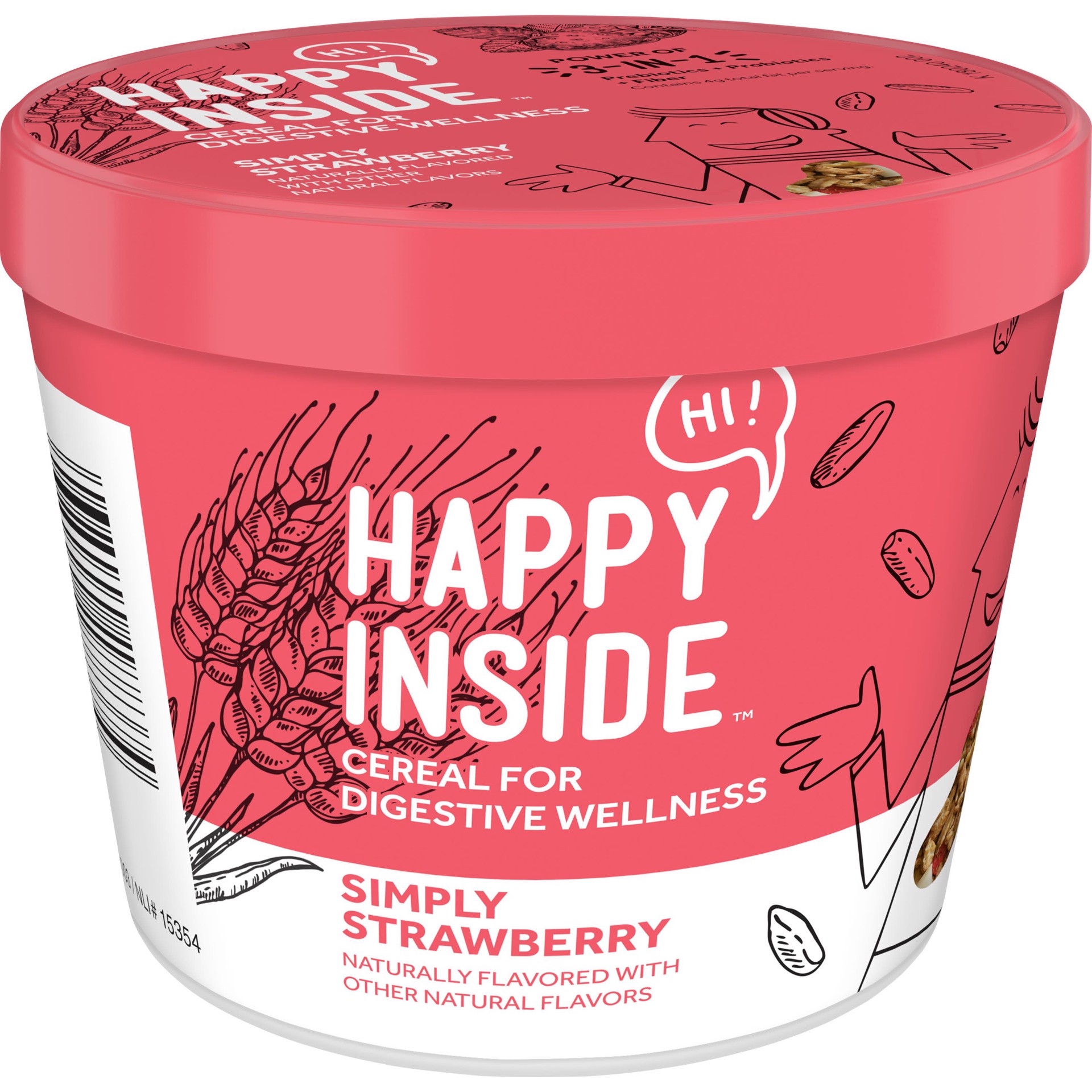 slide 1 of 5, HI! Happy Inside, Breakfast Cereal, Simply Strawberry, with Prebiotics, Probiotics and Fiber for Digestive Wellness, Non-GMO, 1.94oz Cup, 1.94 oz