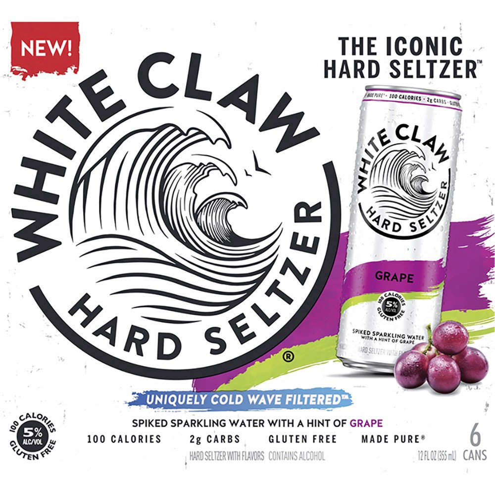 slide 1 of 1, White Claw Hard Seltzer Grape, 6 Pack, 12 fl oz Cans, 5% ABV, 12 fl oz