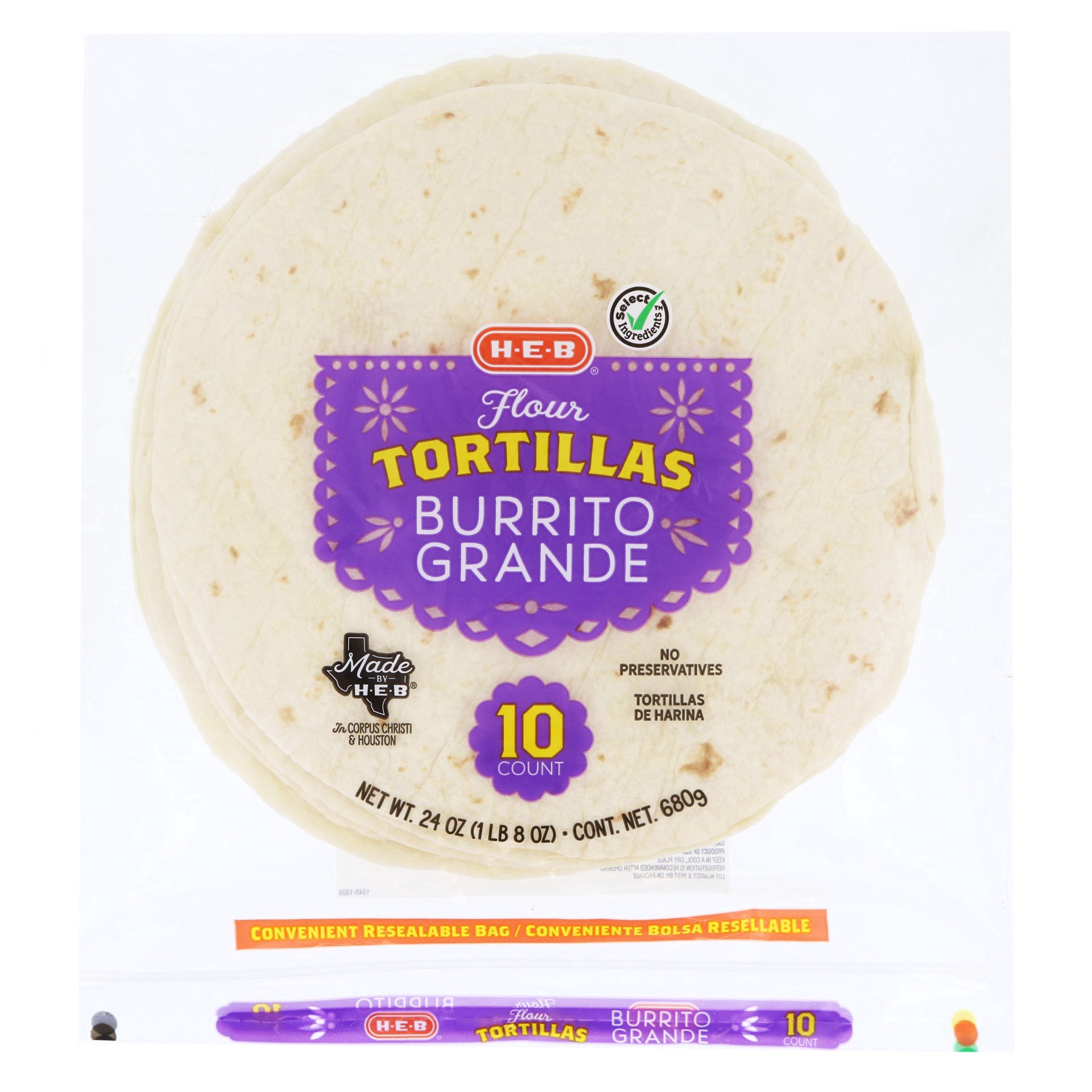 slide 1 of 1, H-E-B Burrito Grande Flour Tortillas, 10 ct