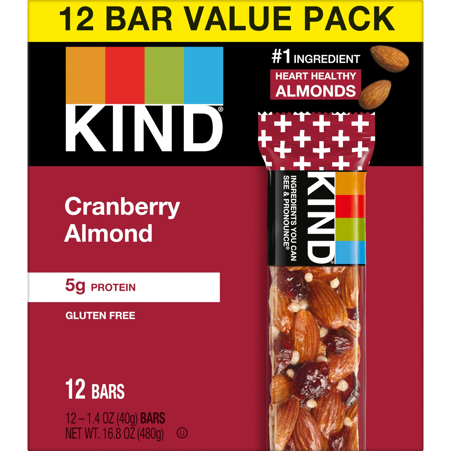 slide 1 of 9, KIND Gluten Free Cranberry Almond Snack Bars, 1.4 oz, 12 Count Box, 16.8 oz