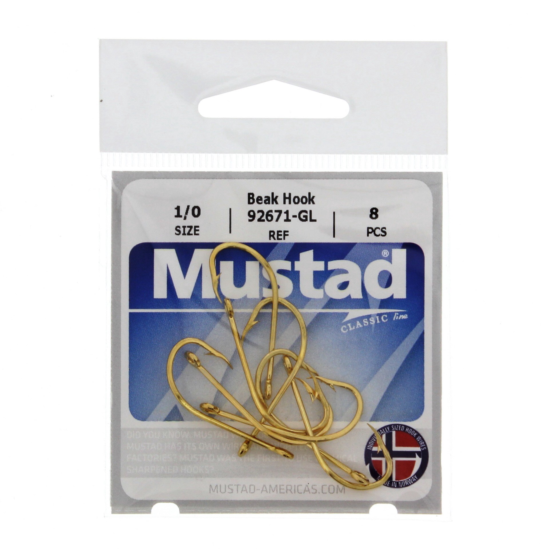 slide 1 of 1, Mustad 92671-GL Gold Beak Hook, Size 1/0, 8 ct