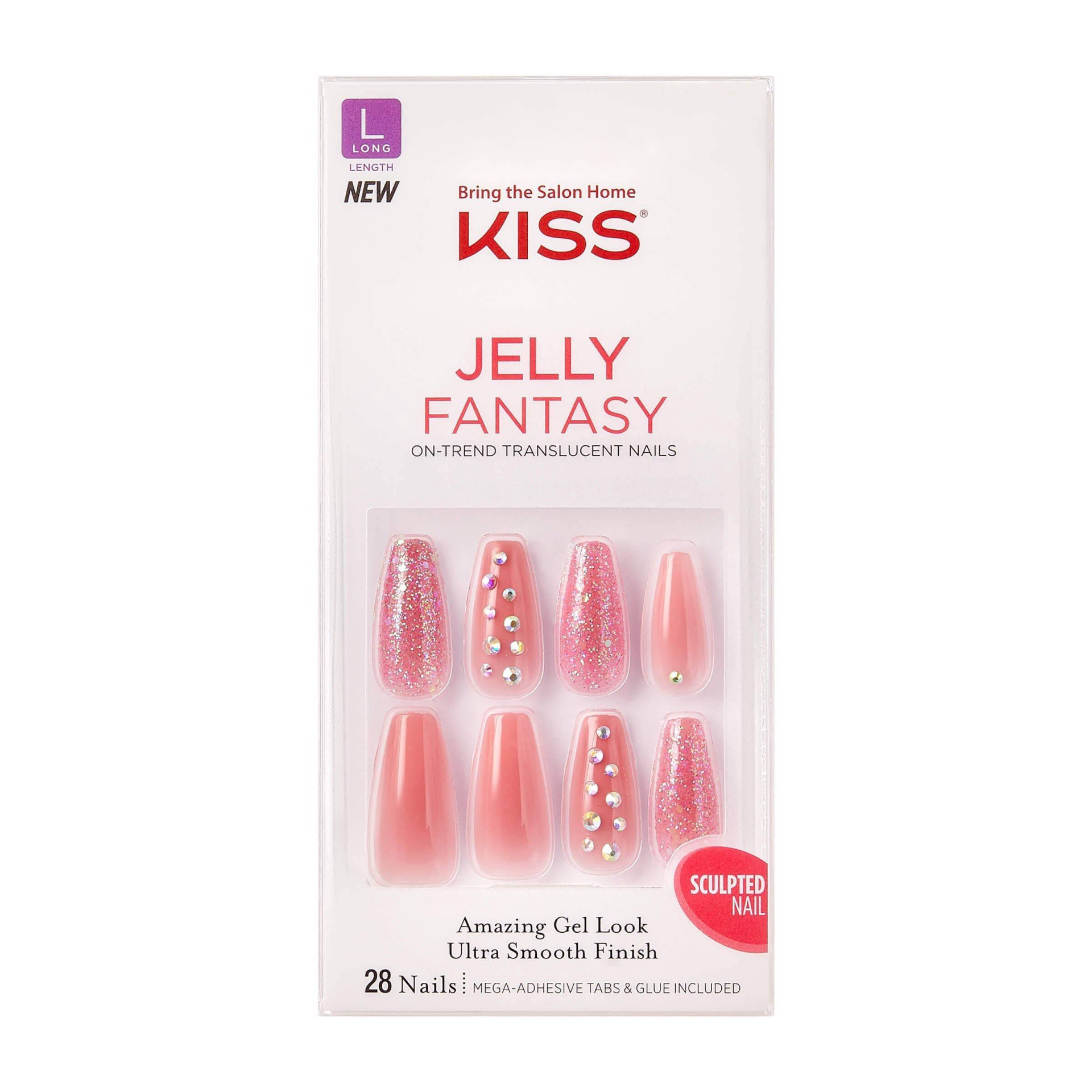 slide 1 of 3, KISS Gel Fantasy Jelly Press-On Nails, Be Jelly, Pink, Long Coffin, 31 Pieces, 28 ct