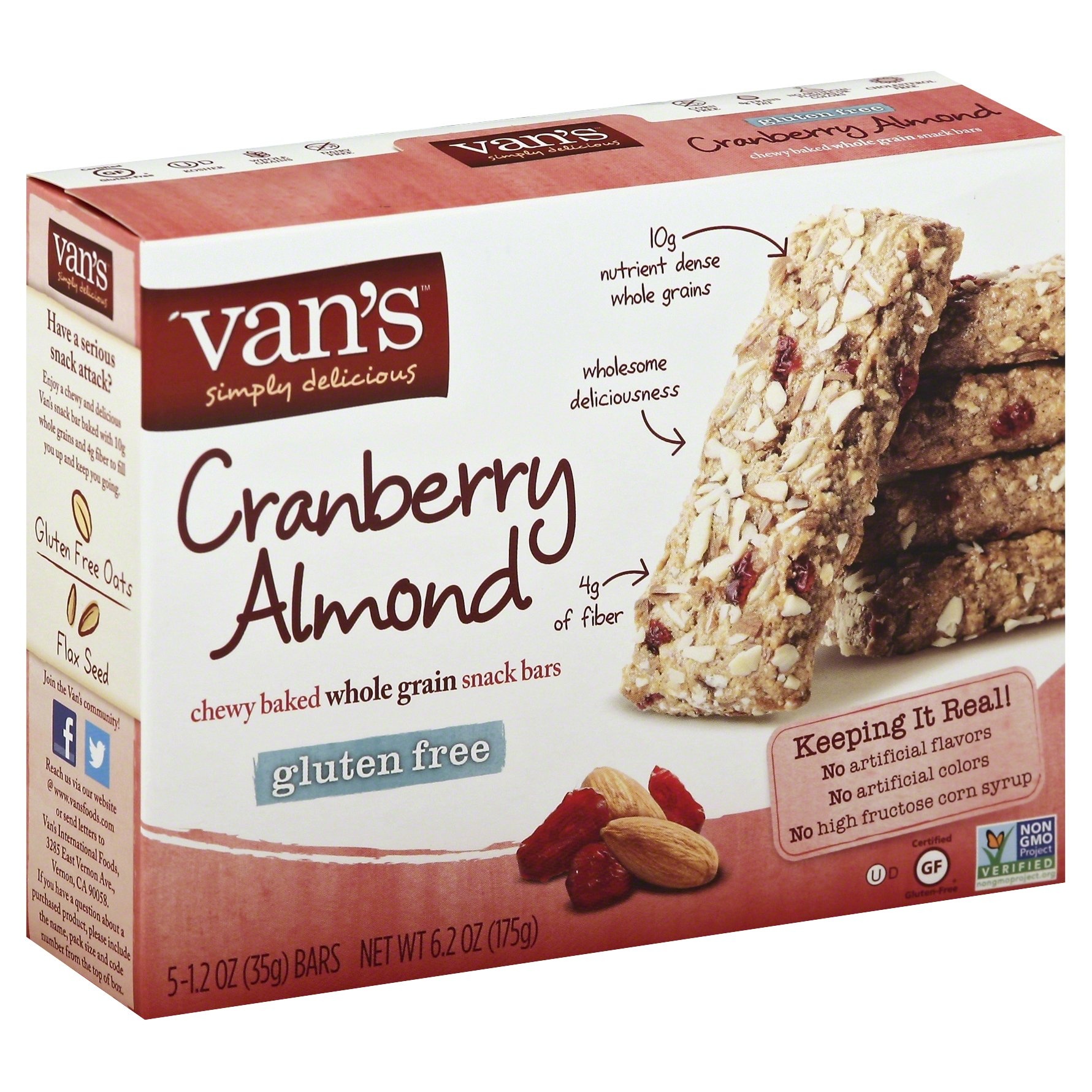 slide 1 of 1, Van's Chewy Baked Whole Grain Snack Bars Cranberry Almond, 5 ct; 1.2 oz