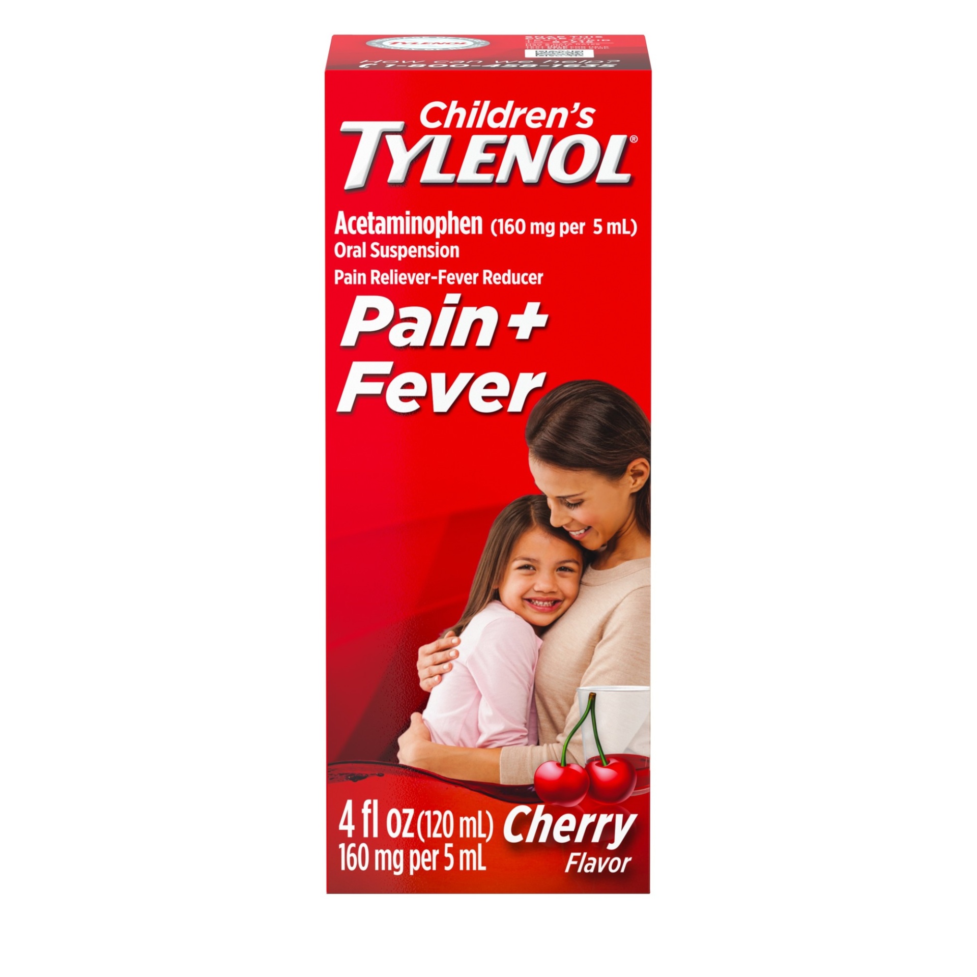 slide 1 of 6, Children's Tylenol Oral Suspension Medicine, Acetaminophen Pain Reliever & Fever Reducer for Cold + Flu Symptoms & Sore Throat, Aspirin-, Ibuprofen- & Alcohol- Free, Cherry, 4 fl oz
