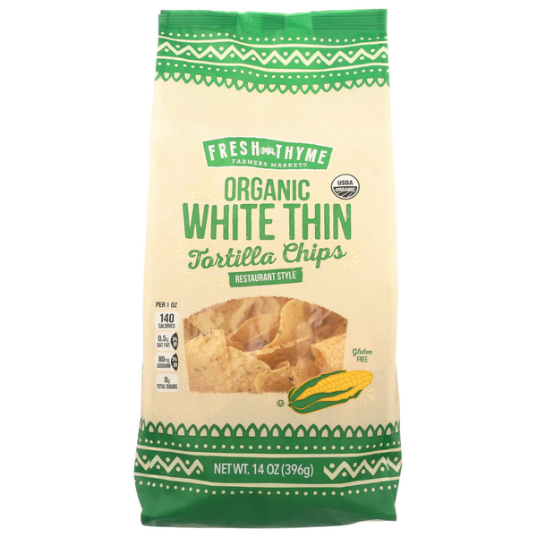 slide 1 of 1, Fresh Thyme Farmers Market Organic White Thin Tortilla Chips, 14 oz