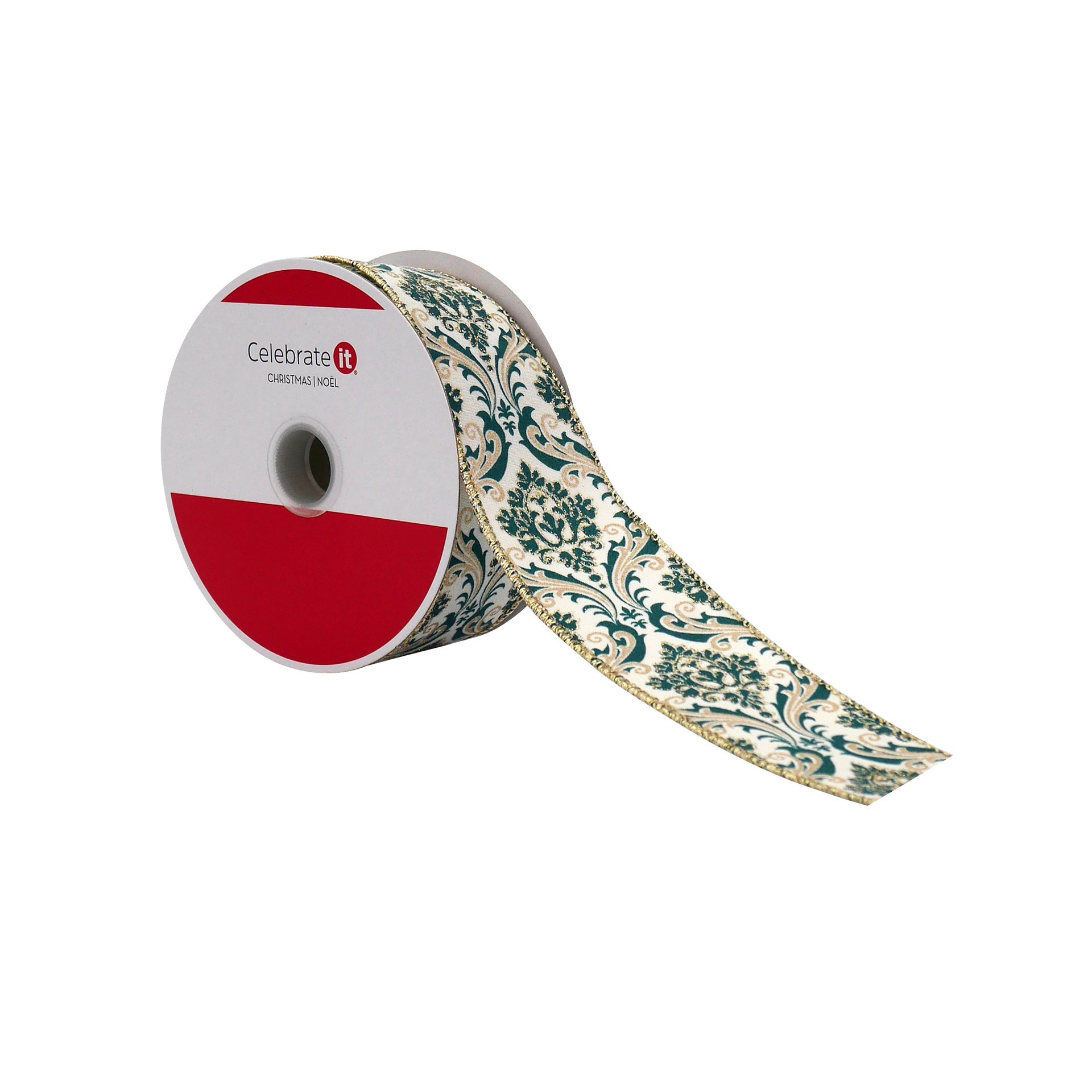 slide 3 of 3, 1.5" X 30ft. Green Damask Wired Ribbon By Celebrate It, 1.5 in x 30 ft