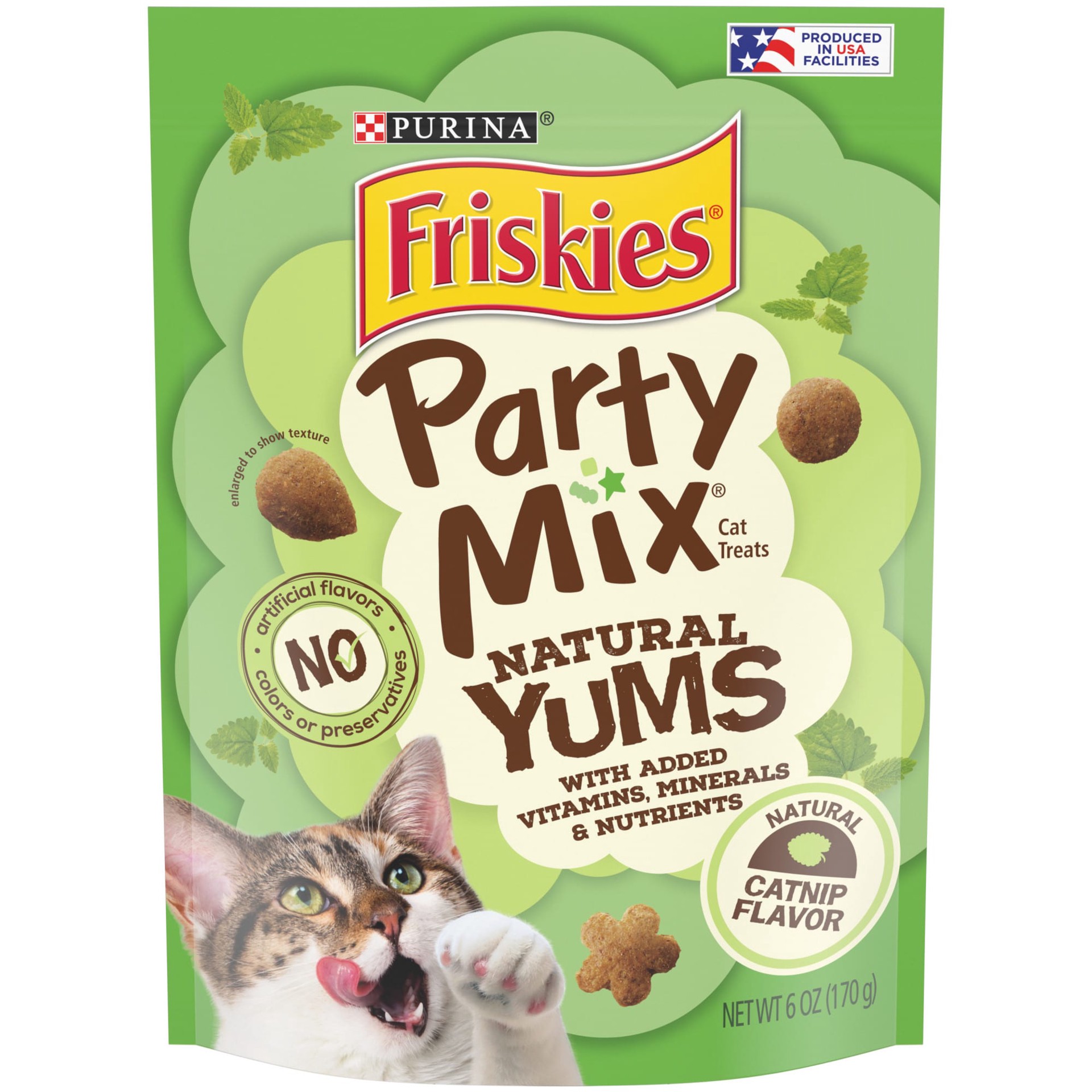 slide 1 of 9, Friskies Purina Friskies Made in USA Facilities, Natural Cat Treats, Party Mix Natural Yums Catnip Flavor, 6 oz