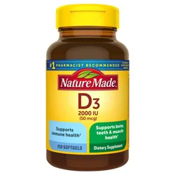 Nature Made Vitamin D3 2000 IU (50 mcg), Vitamin D Supplement for Bone, Teeth, Muscle and Immune Health Support, 250 Softgels, 250 Day Supply