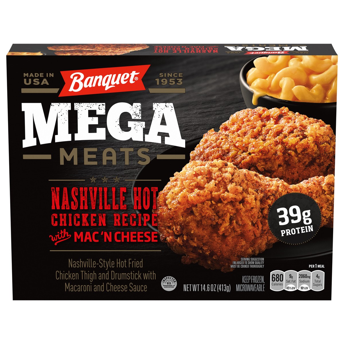 slide 1 of 7, Banquet Mega Meats Nashville Hot Chicken Recipe with Mac 'N Cheese 14.6 oz, 14.6 oz