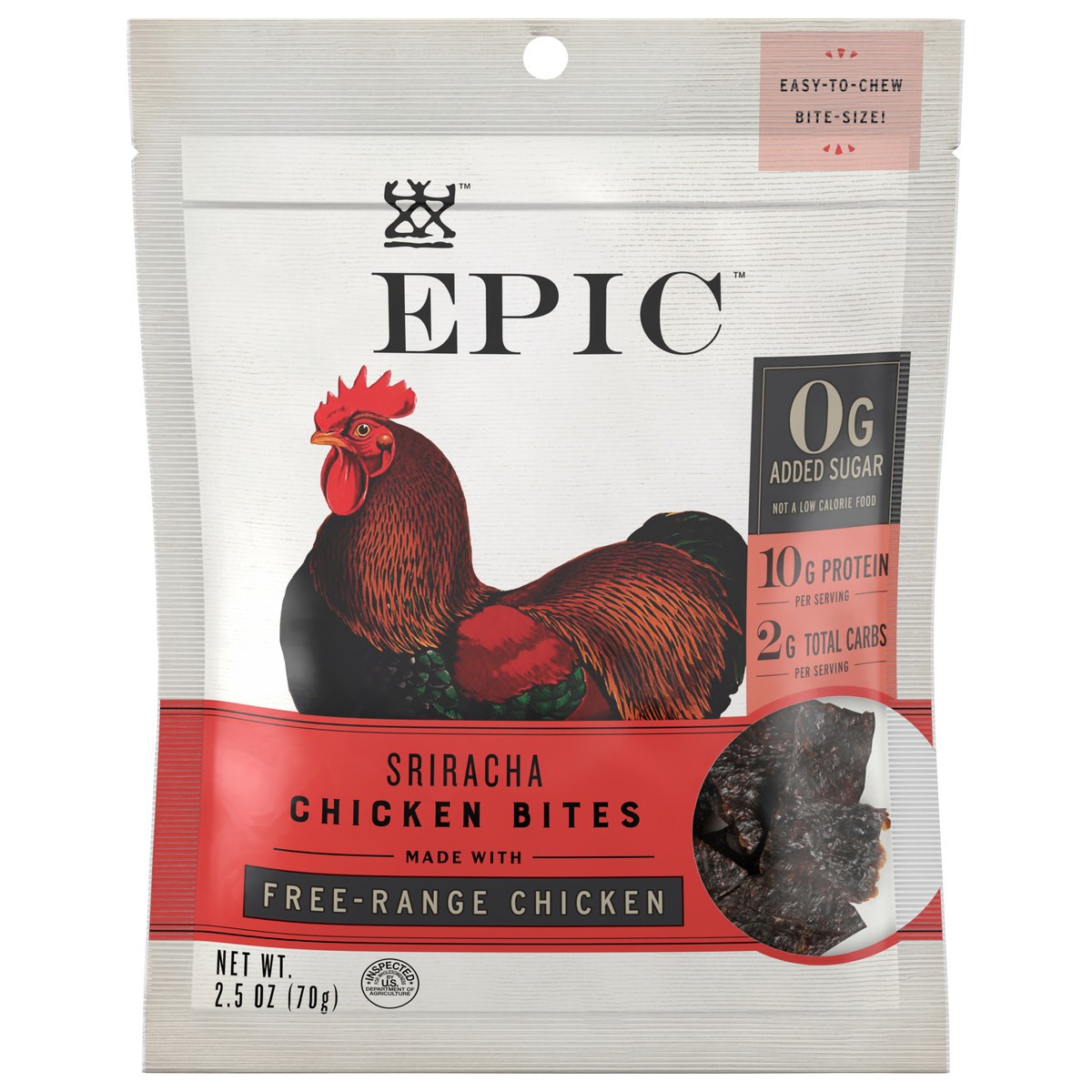 slide 1 of 9, EPIC Sriracha Chicken Bites, Keto and Paleo Friendly, Gluten Free, 10g Protein, 2.5 oz, 1 ct