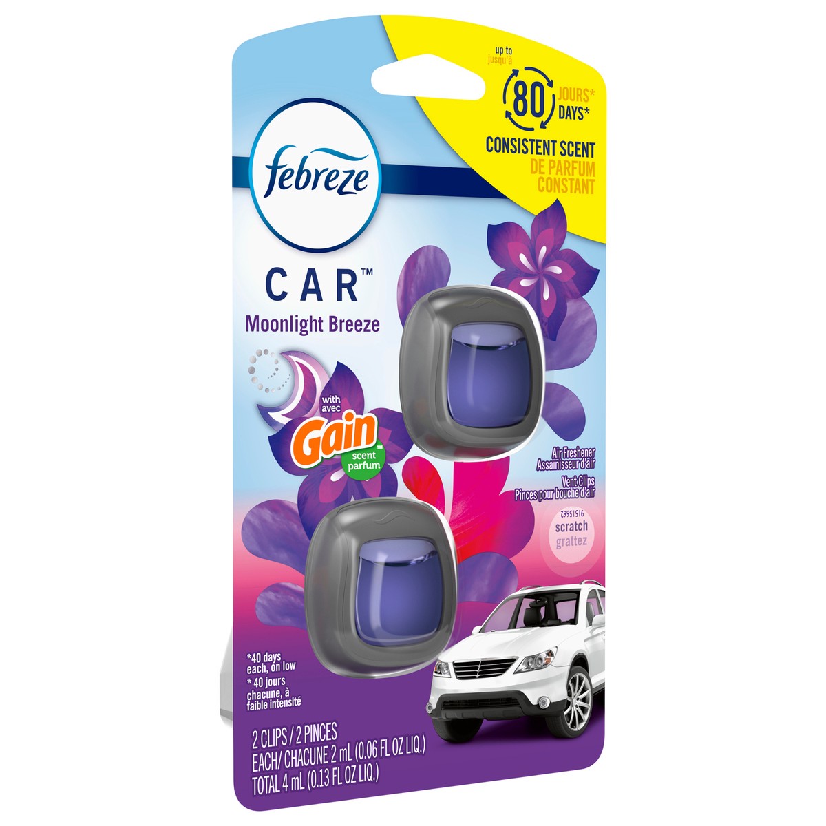 slide 8 of 8, Febreze Car Air Freshener, Odor-Fighting Automotive Vent Clip, Gain Moonlight Breeze Scent, 2 Count, 2 ct; 0.06 oz
