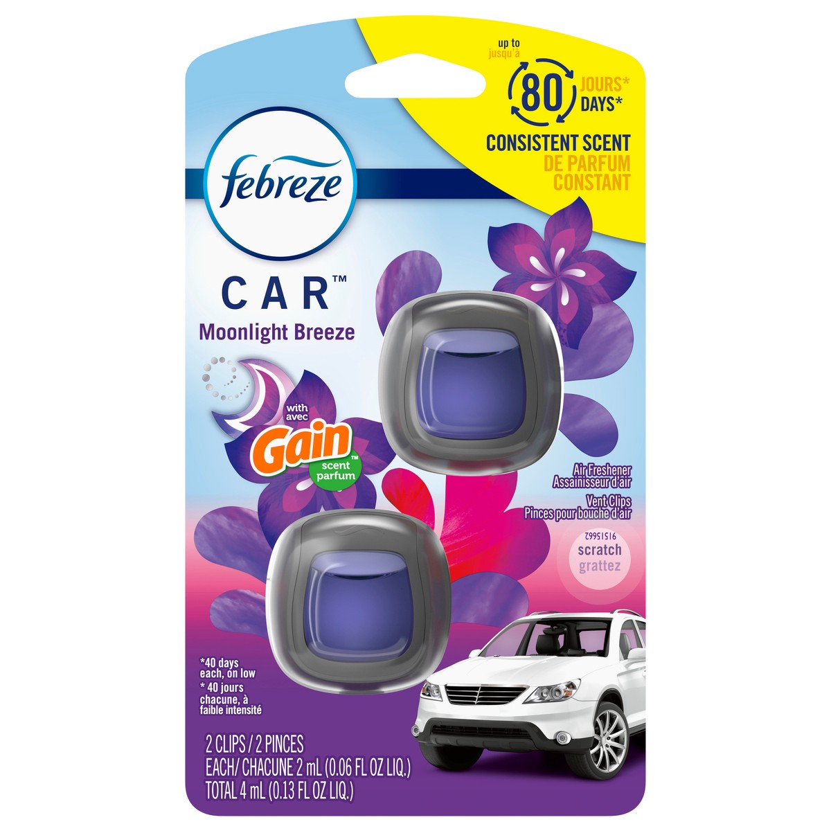 slide 7 of 8, Febreze Car Air Freshener, Odor-Fighting Automotive Vent Clip, Gain Moonlight Breeze Scent, 2 Count, 2 ct; 0.06 oz