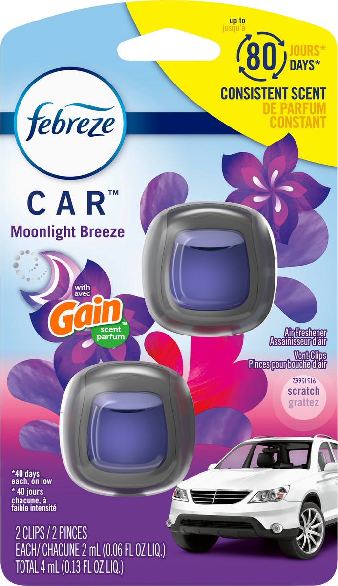 slide 1 of 8, Febreze Car Air Freshener, Odor-Fighting Automotive Vent Clip, Gain Moonlight Breeze Scent, 2 Count, 2 ct; 0.06 oz