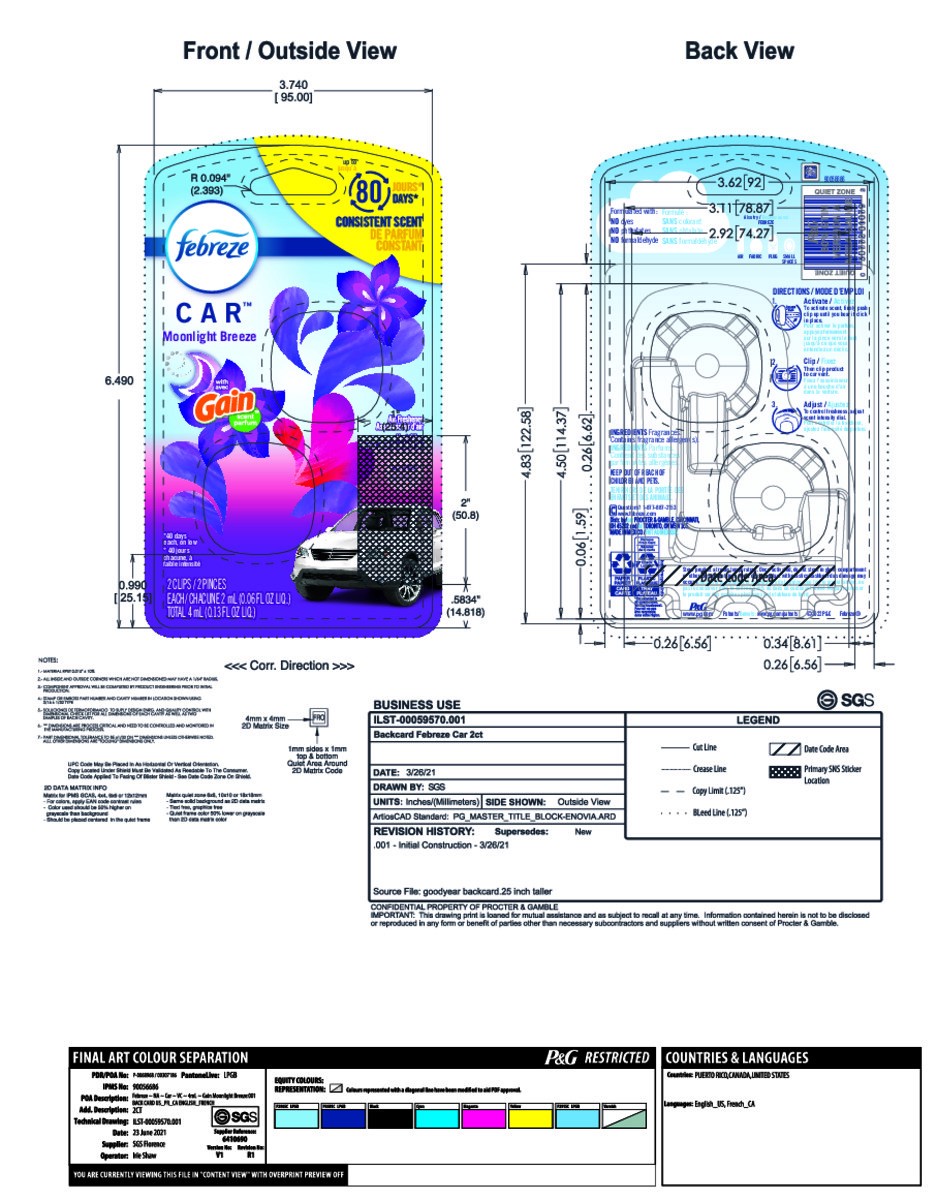 slide 4 of 8, Febreze Car Air Freshener, Odor-Fighting Automotive Vent Clip, Gain Moonlight Breeze Scent, 2 Count, 2 ct; 0.06 oz