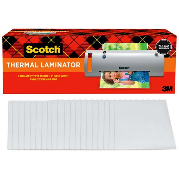 slide 2 of 3, Scotch Thermal Laminator Value Pack, 9" W, With 20 Letter Size Pouches, 9 in
