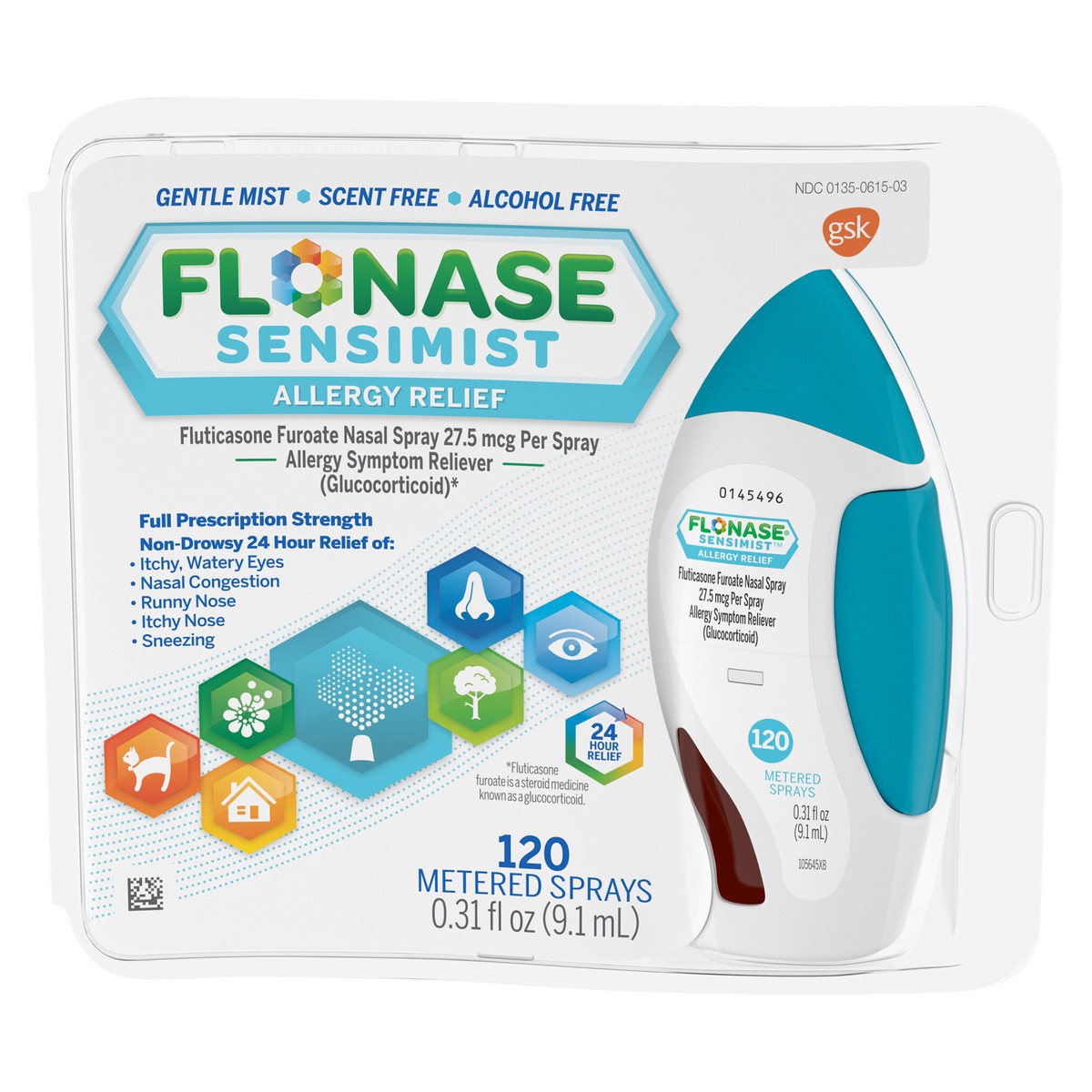 slide 1 of 1, Flonase Sensimist Allergy Relief Spray Non Drowsy Allergy Medicine, Gentle Mist - 120 Sprays, 0.31 fl oz