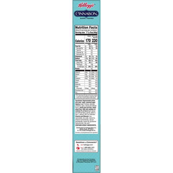 slide 28 of 29, Cinnabon Kellogg''s Cinnabon Cold Breakfast Cereal, 7 Vitamins and Minerals, Kids Snacks, Original, 8.7oz Box, 1 Box, 8.7 oz