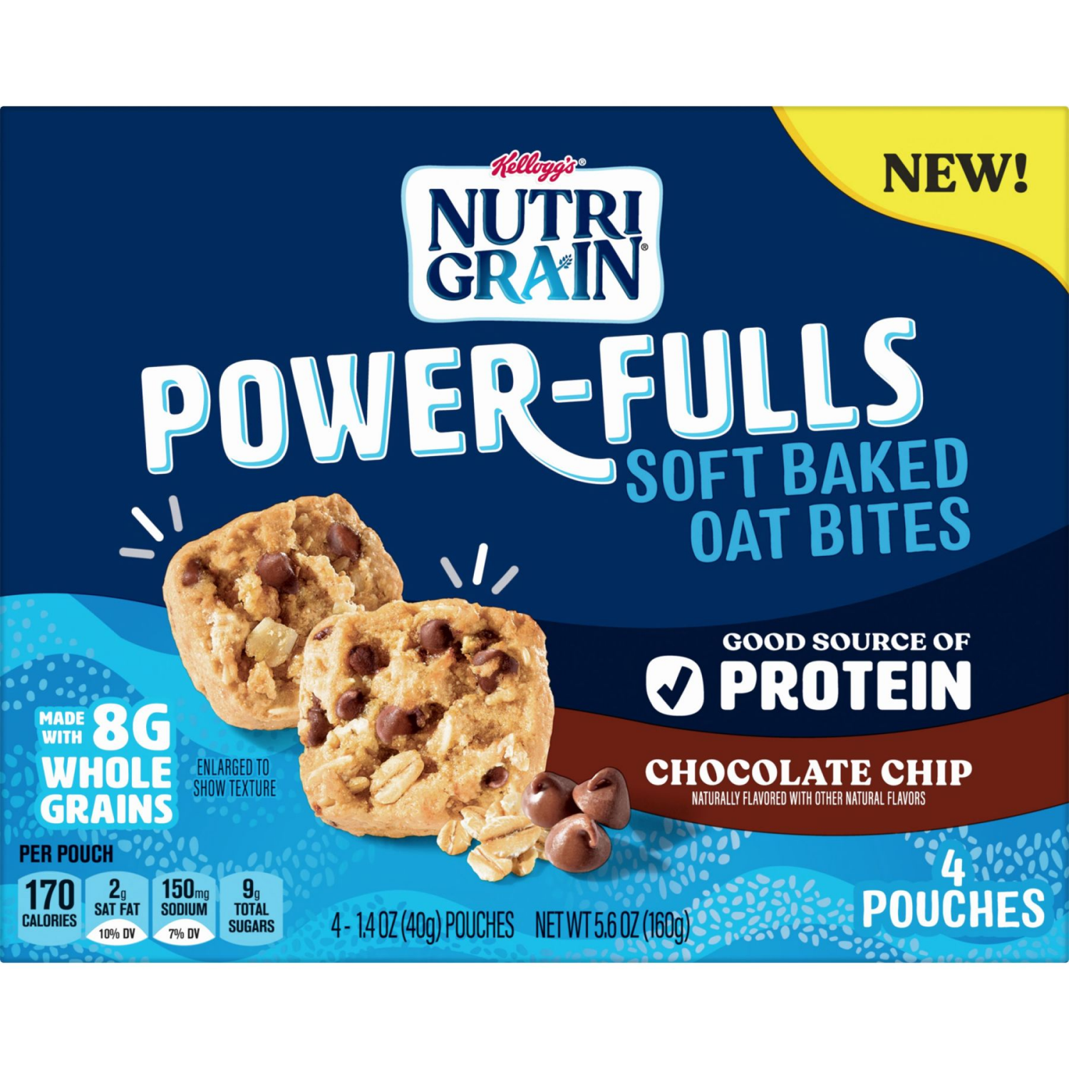 slide 3 of 5, Nutri-Grain Power-Fulls Soft Baked Oat Bites, Protein Snacks, Whole Grain, Chocolate Chip, 5.6oz Box, 4 Pouches, 5.6 oz
