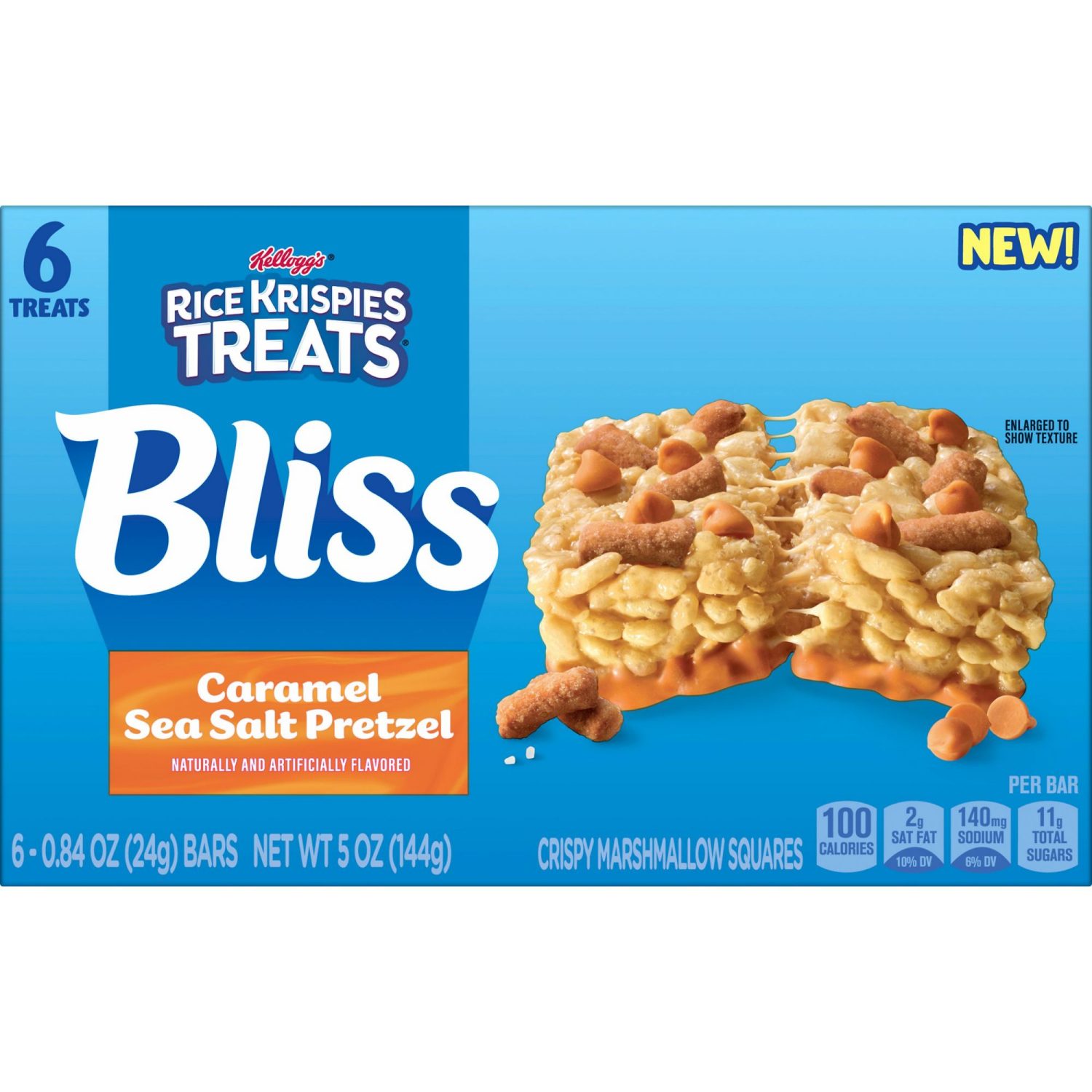 slide 3 of 8, Rice Krispies Treats Bliss Crispy Marshmallow Squares, Snack Bars, Caramel Sea Salt Pretzel, 5oz Box, 6 Bars, 5 oz