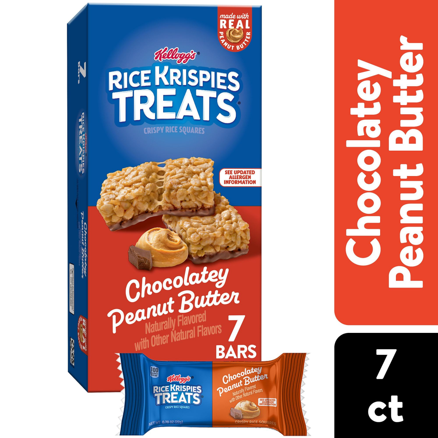 slide 1 of 7, Rice Krispies Treats Chocolatey Peanut Butter Crispy Rice Squares, 7 ct