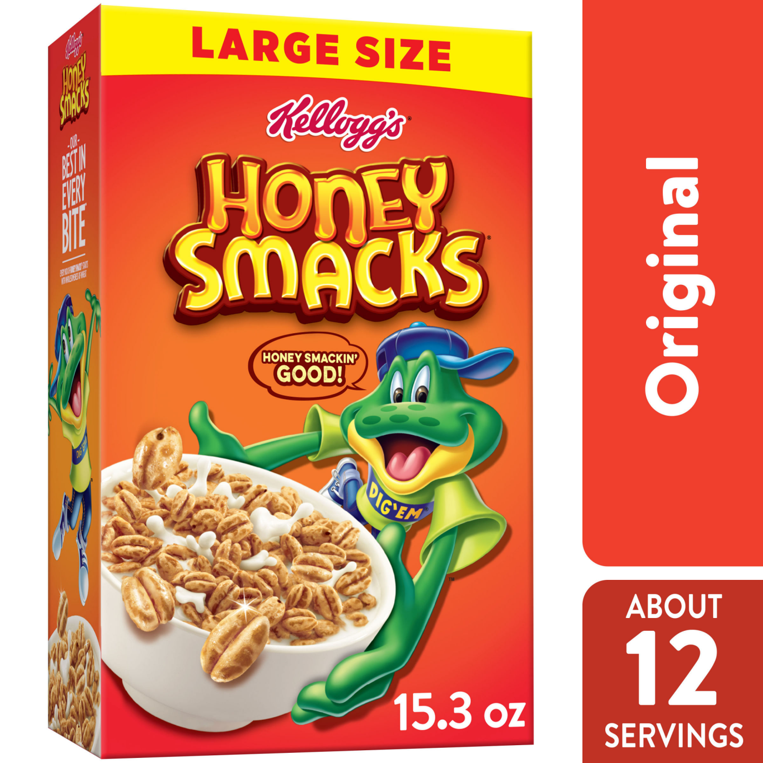slide 1 of 8, Kellogg's Honey Smacks Breakfast Cereal, Made with Whole Grain, Kids Snacks, Large Size, Original, 15.3oz Box (1 Box), 15.3 oz