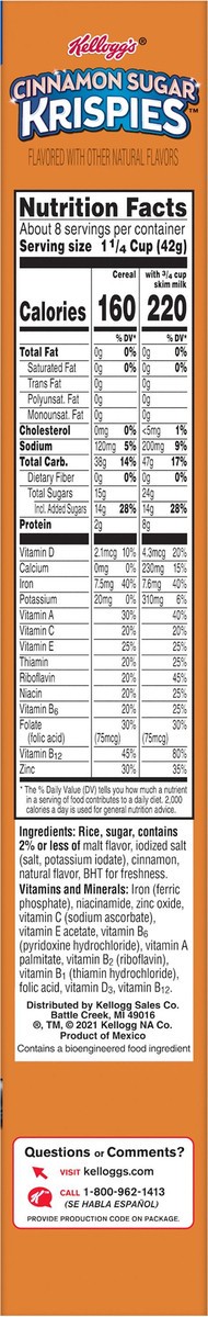 slide 2 of 8, Kellogg's Cinnamon Sugar Krispies Breakfast Cereal, Kids Snacks, Family Breakfast, Cinnamon Sugar Flavor, 11.3oz Box, 1 Box, 11.3 oz