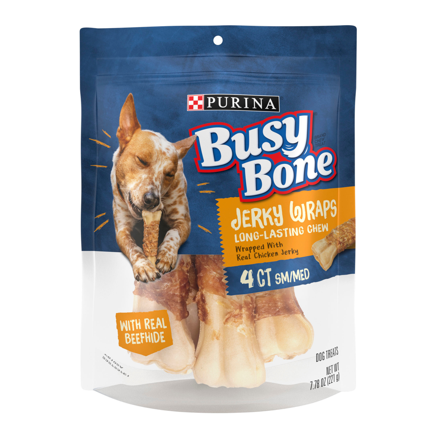 slide 1 of 8, Purina Busy Grain Free Small/Medium Breed Dog Jerky Rawhide Treats, Jerky Wraps Beefhide & Chicken - 4 ct. Pouch, 7.78 oz
