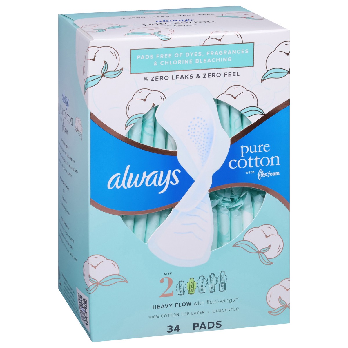 slide 10 of 12, Always Heavy Flow Pure Cotton Unscented Pads Size 2 34 ea, Size 2