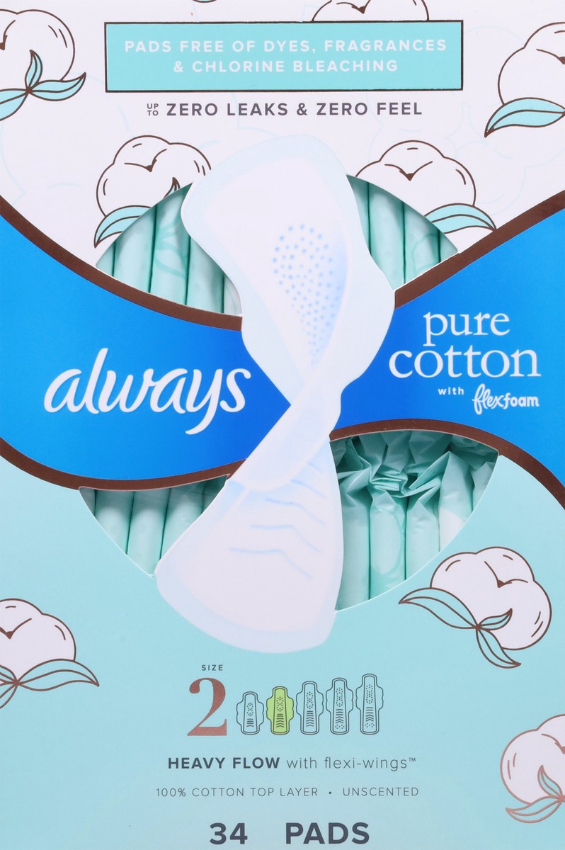 slide 3 of 12, Always Heavy Flow Pure Cotton Unscented Pads Size 2 34 ea, Size 2