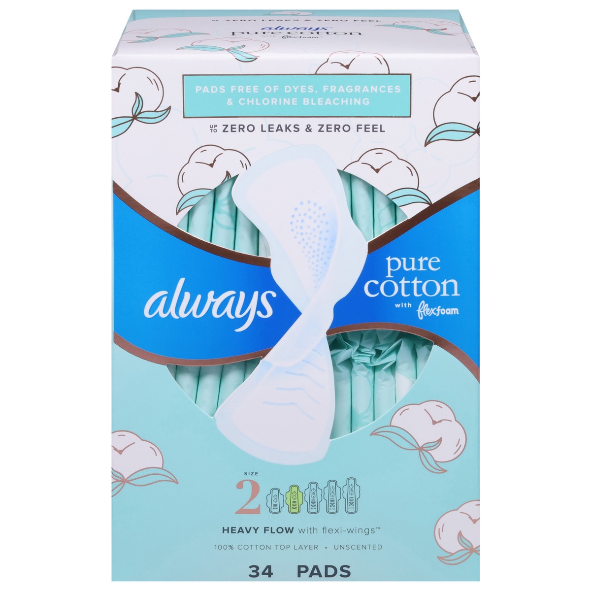slide 1 of 12, Always Heavy Flow Pure Cotton Unscented Pads Size 2 34 ea, Size 2