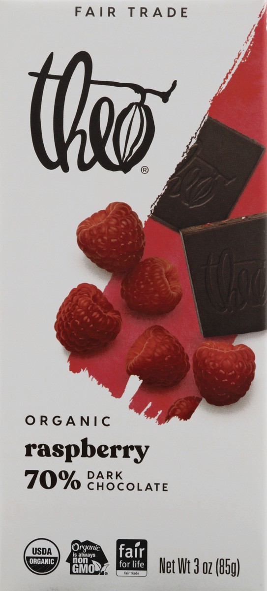 slide 2 of 13, Theo Chocolate Organic Fair Trade Dark Chocolate Raspberry Wrapper - 3 Oz, 3 oz