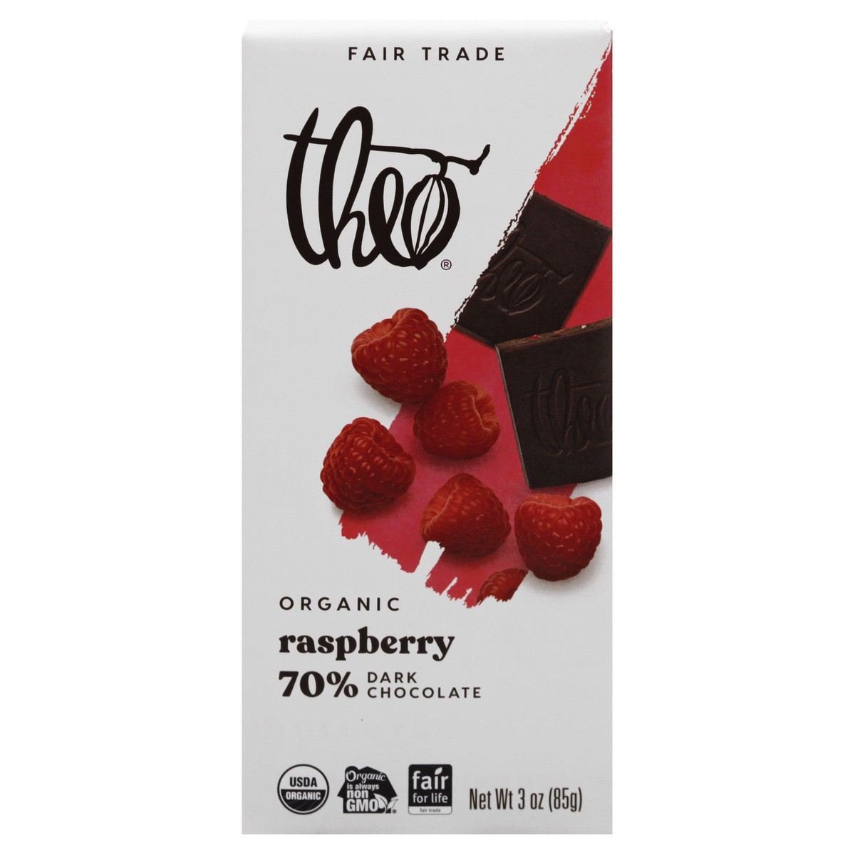 slide 1 of 13, Theo Chocolate Organic Fair Trade Dark Chocolate Raspberry Wrapper - 3 Oz, 3 oz