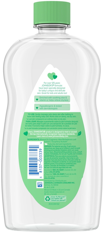 slide 2 of 6, Johnson's Oil, Mineral Oil with Aloe Vera & Vitamin E to help reduce Moisture Loss, Soothing, Moisturizing Baby Massage Oil, 20 fl. oz, 20 fl oz