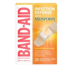 BAND-AID Adhesive Bandages Infection Defense with Neosporin Antibiotic Ointment, Pack of Assorted Sizes, for Wound Care and First Aid, 20 ct