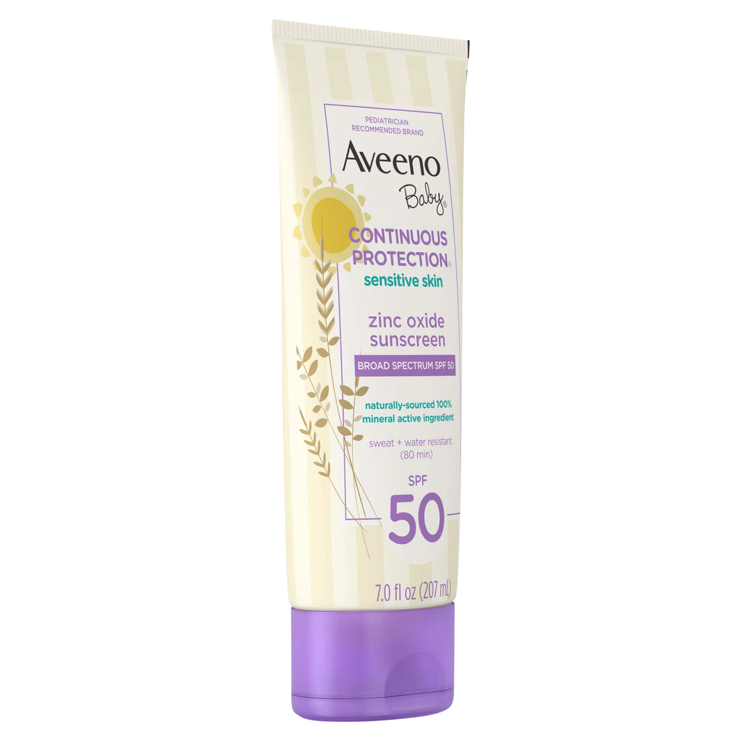 slide 2 of 4, Aveeno Baby Continuous Protection Sensitive Skin Lotion Zinc Oxide Sunscreen with Broad Spectrum SPF 50, 7 Fl. Oz, 7 fl oz