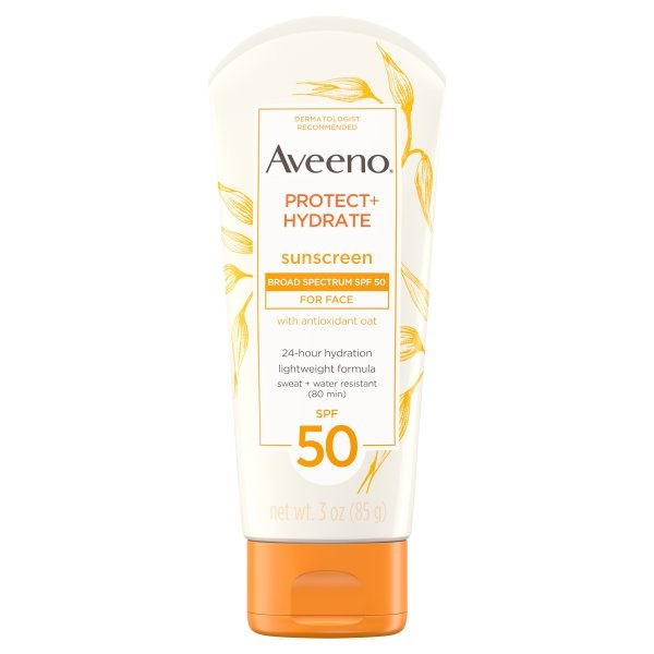 slide 1 of 6, Aveeno Protect + Hydrate Lotion Sunscreen With Broad Spectrum For Face Sweat Resistant SPF 50, 3 oz