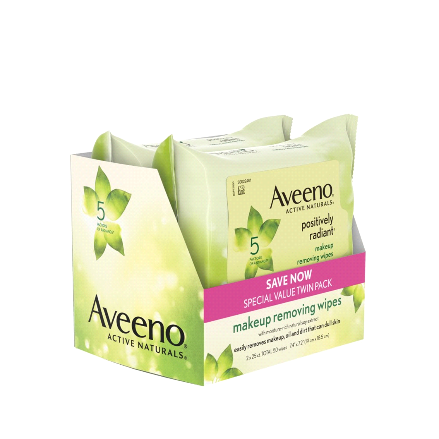 slide 4 of 4, Aveeno Positively Radiant Makeup Removing Wipes, 25 Count, Twin Pack, 2 ct