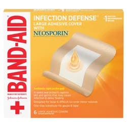 BAND-AID Infection Defense Adhesive Wound Covers with Neosporin Antibiotic Ointment On The Pad for First Aid Wound Care, Bacitracin Zinc & Polymyxin B Sulfate, Sterile, Large, 6 ct