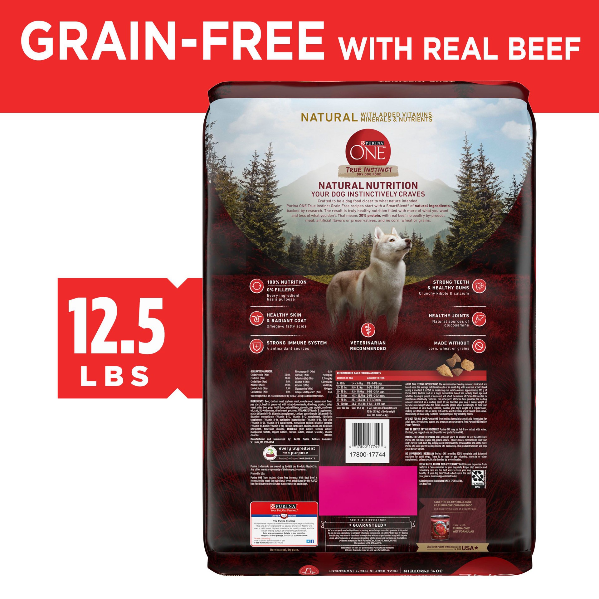 slide 8 of 8, ONE Purina ONE Grain Free Natural High Protein Dry Dog Food Formula True Instinct with Real Beef with Added Vitamins, Minerals and Nutrients, 12.50 lb