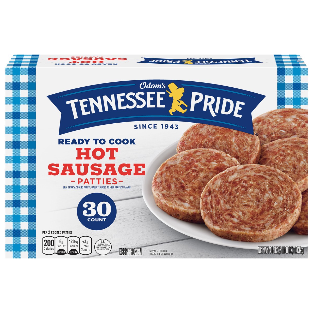 slide 1 of 5, Odom's Tennessee Pride Hot Breakfast Sausage Patties, 30 Count, 30 ct