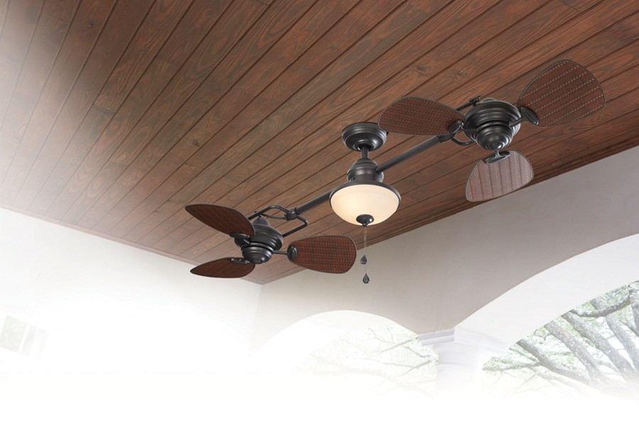 slide 4 of 6, Harbor Breeze Twin breeze II 74-in Oil rubbed bronze with Brown wicker Blades Covered Outdoor Ceiling Fan With Light 6 -Blade, 1 ct