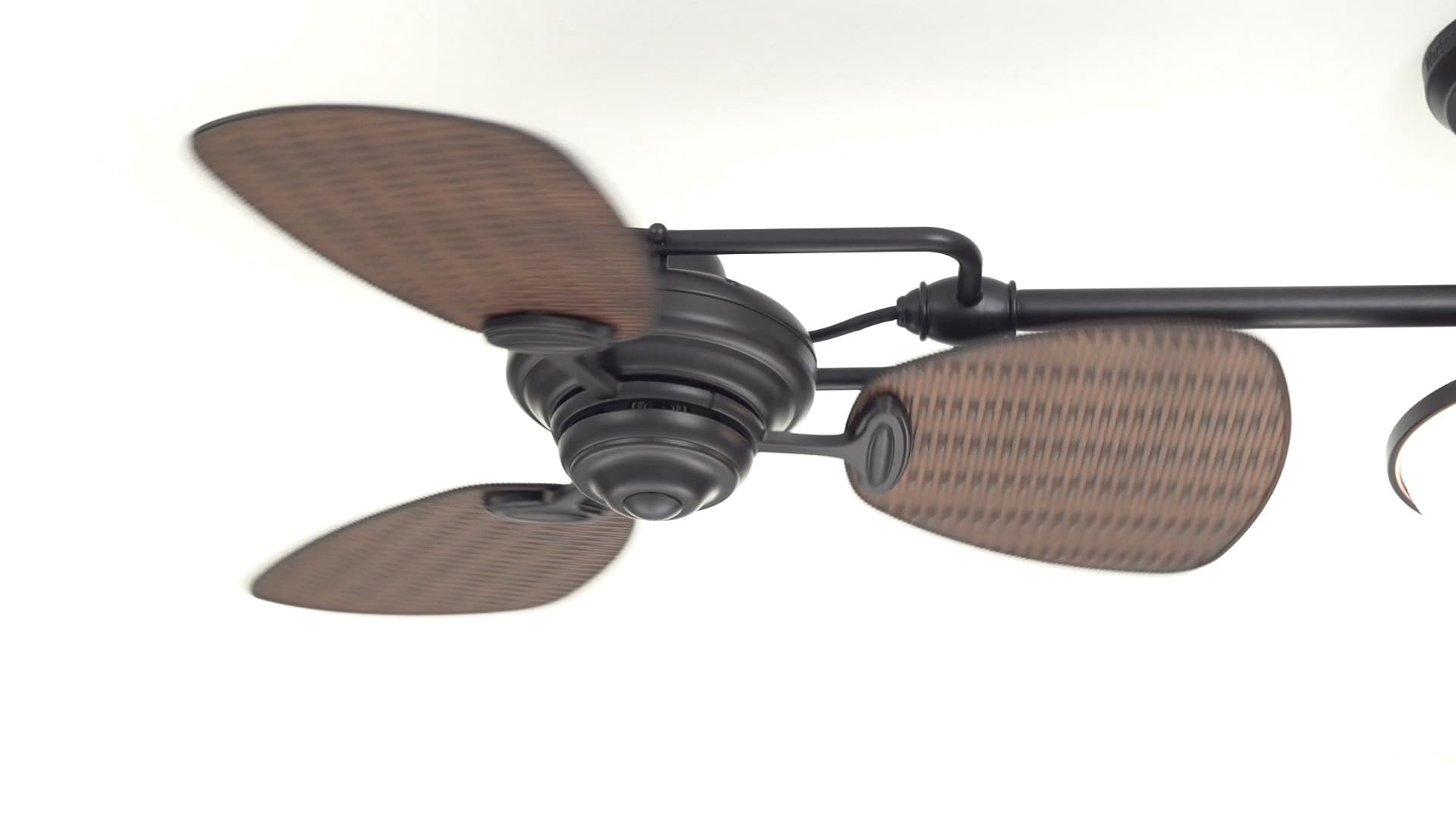 slide 6 of 6, Harbor Breeze Twin breeze II 74-in Oil rubbed bronze with Brown wicker Blades Covered Outdoor Ceiling Fan With Light 6 -Blade, 1 ct