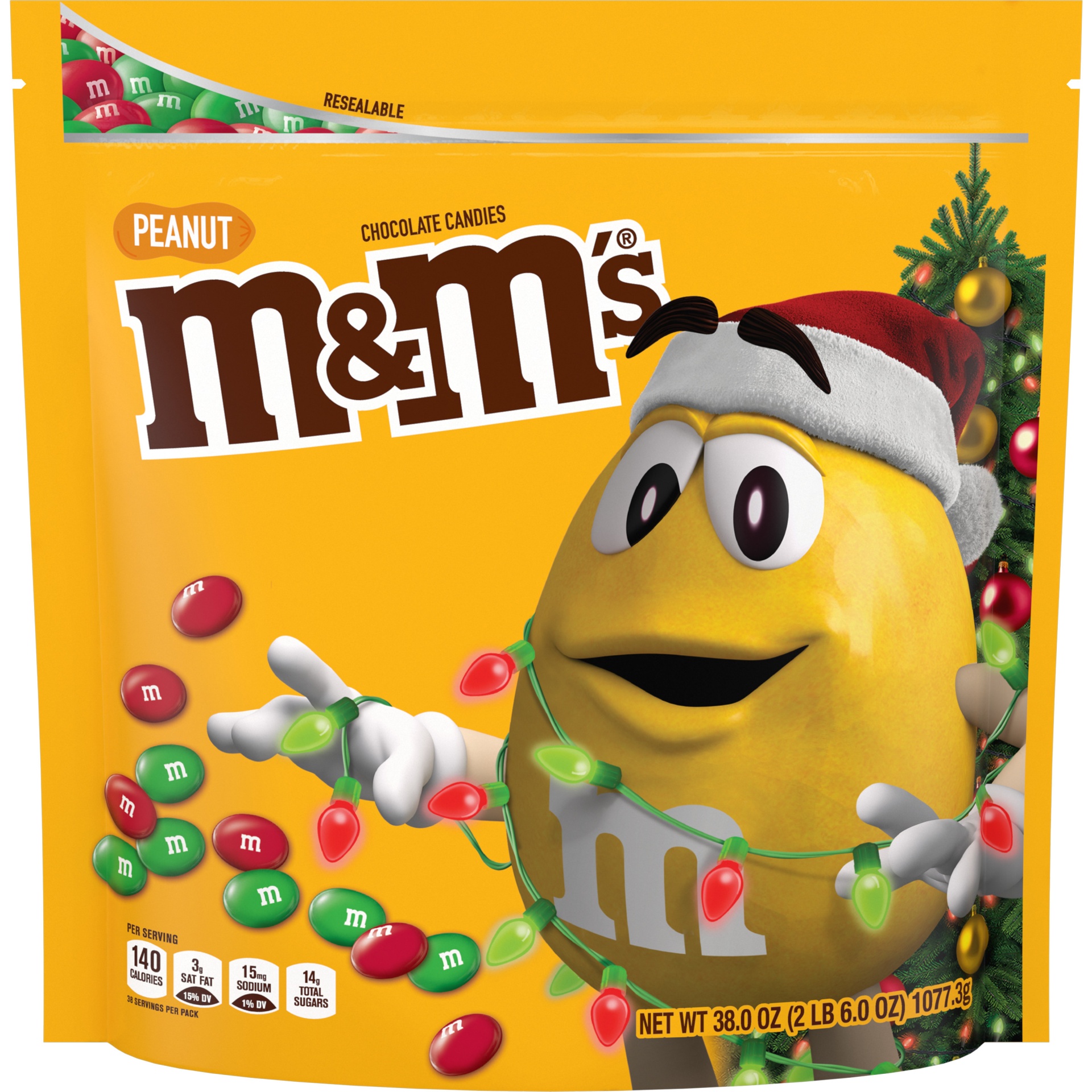 slide 1 of 5, M&M's Peanut Milk Chocolate Red & Green Christmas Candy Resealable Party Size Bag, 38 oz