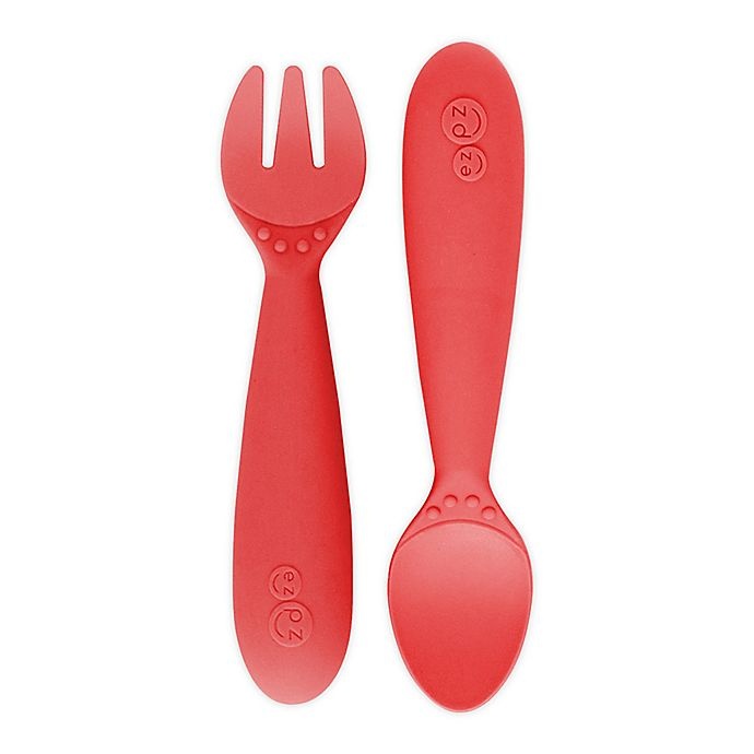 slide 1 of 5, ezpz Mini Utensils - Coral, 2 ct