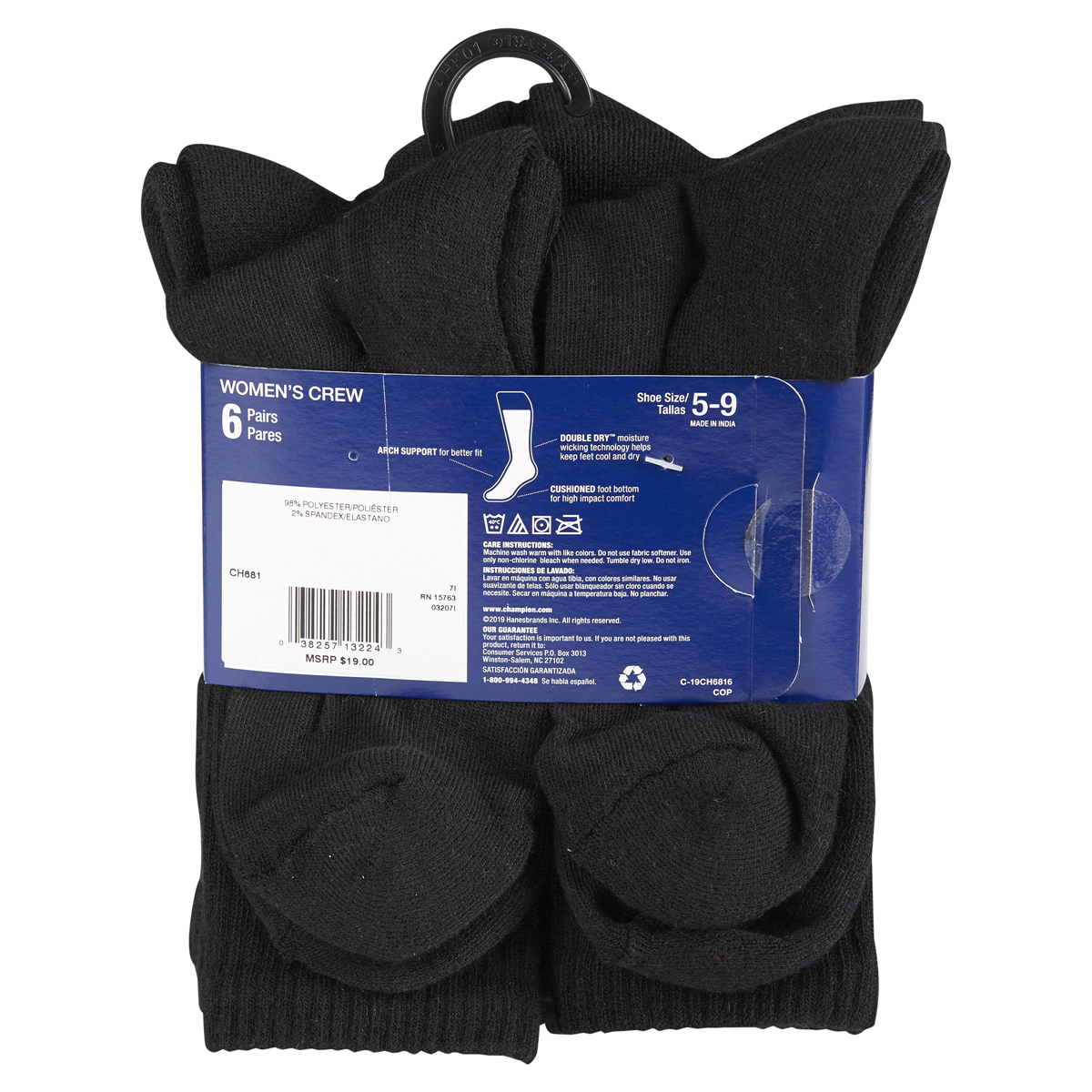 slide 10 of 29, CHAMPION WMNS 6PR CREW CH681 BK 6-12, 5 ct