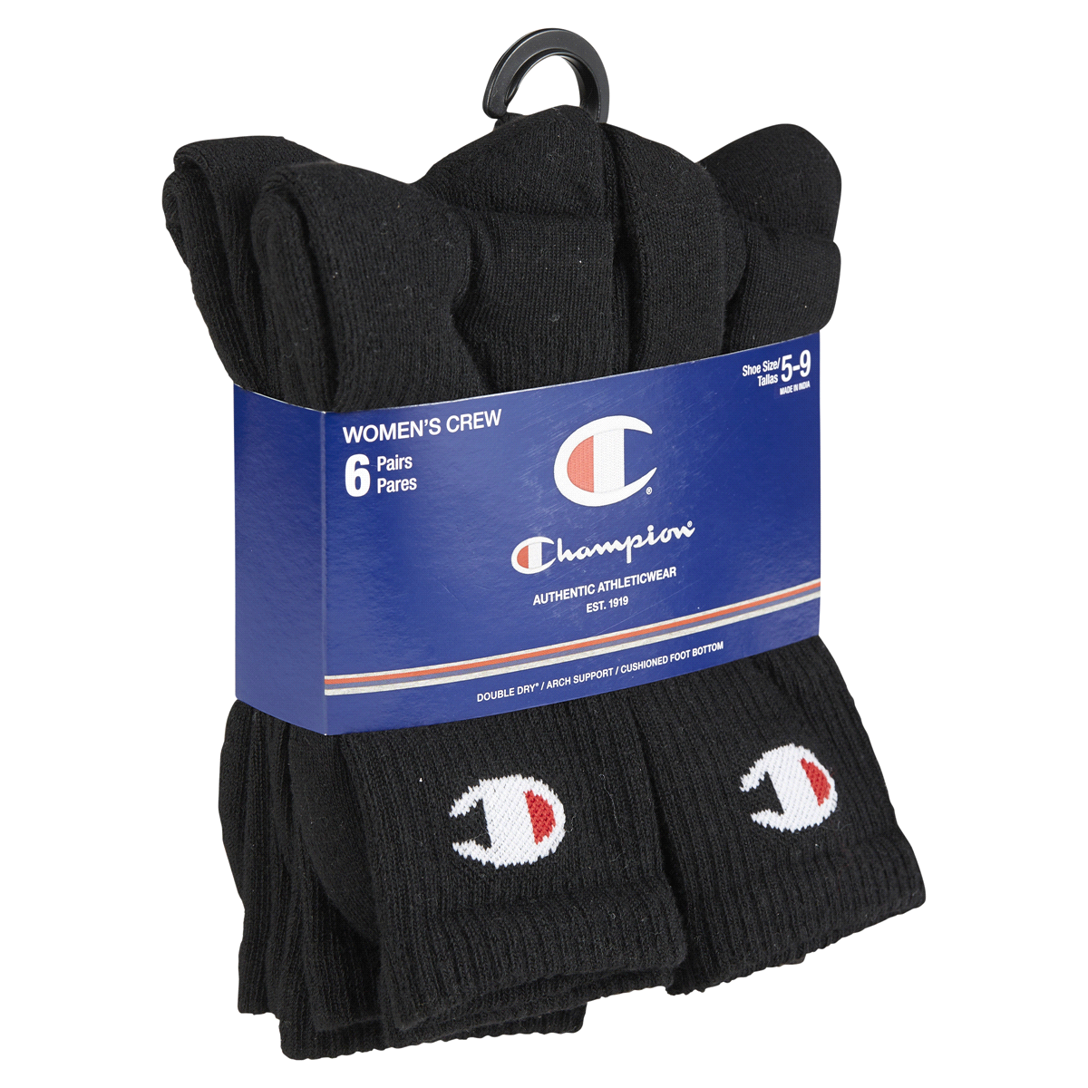 slide 6 of 29, CHAMPION WMNS 6PR CREW CH681 BK 6-12, 5 ct