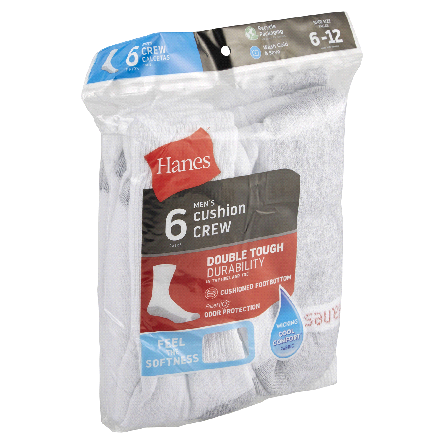 slide 4 of 5, Hanes Men's Size 6-12 Double Tough Cushion Crew Socks 6 pr, 6 ct