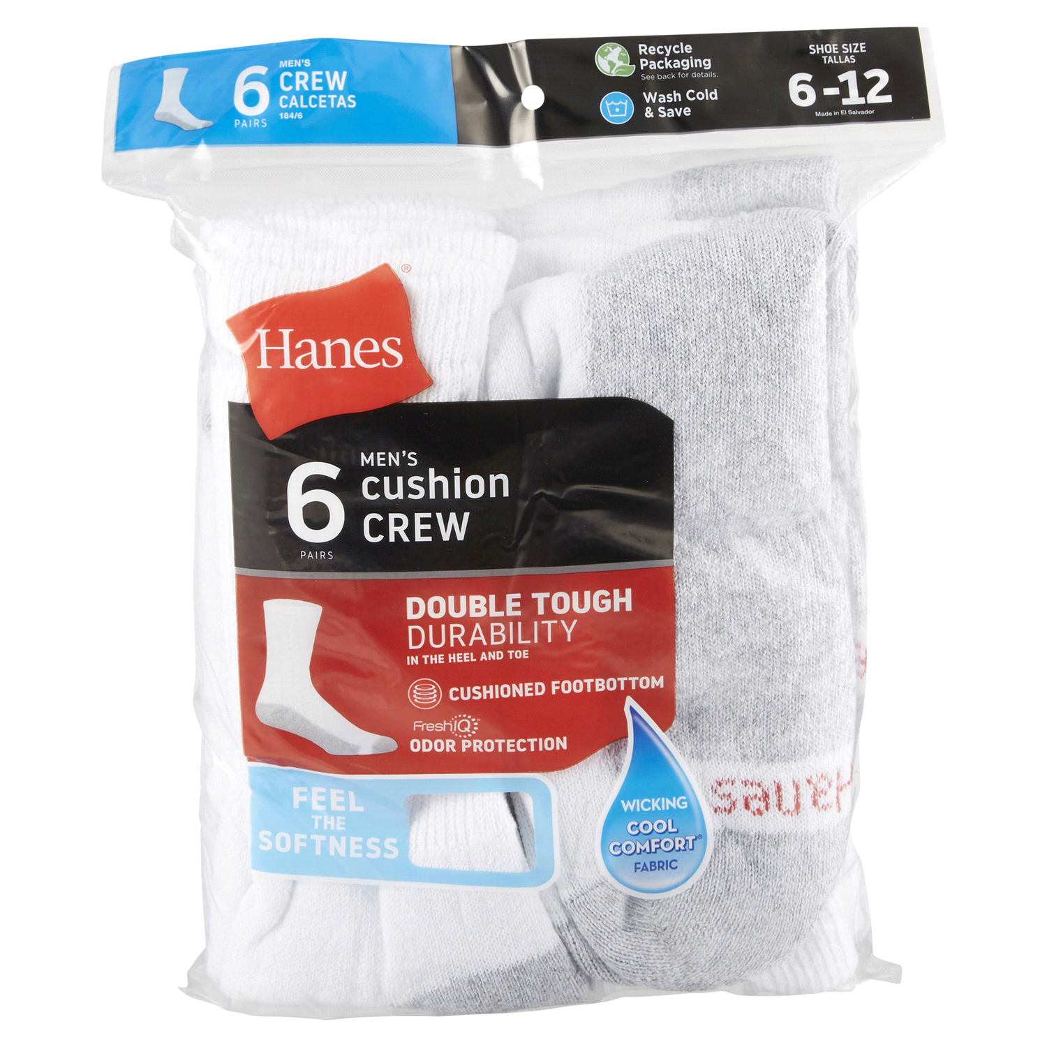 slide 1 of 5, Hanes Men's Size 6-12 Double Tough Cushion Crew Socks 6 pr, 6 ct