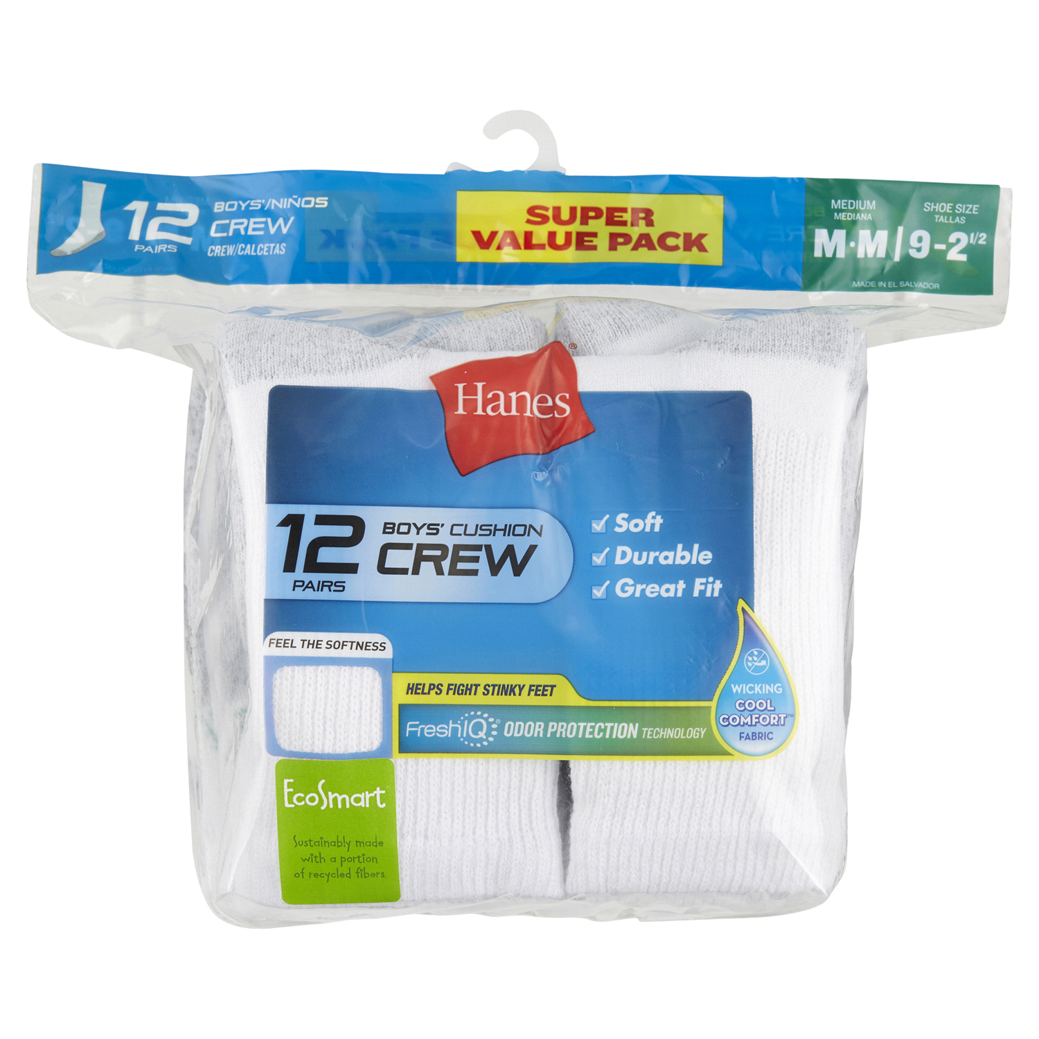 slide 1 of 1, Hanes Boys' Crew Cushion Socks, White, Size Medium, 12 ct